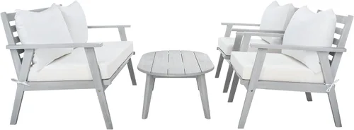Miniatura 8 de SAFAVIEH Deacon - Juego de conversación de 4 piezas para exteriores, marrón y beige, madera maciza, diseño costero de listones con cojines, ideal