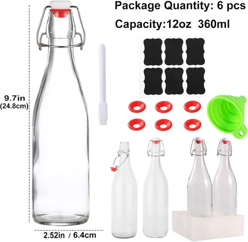 Miniatura 2 de Paquete de 6 botellas de vidrio con tapa abatible de 12 onzas, con tapas herméticas para elaboración casera, 2ª fermentación, kombucha, kéfir