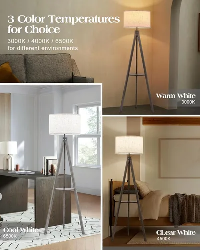 Miniatura 2 de ELYONA Lámpara de pie con trípode de madera estilo granja con mesa, lámpara de pie de lectura moderna con 3 temperaturas de color, bombilla LED