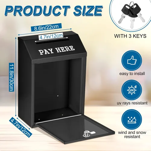 Miniatura 3 de Yaocom Caja fuerte de dinero para recolección de dinero, caja de donación de metal con cerradura para montaje en pared preperforado, buzón de Negro