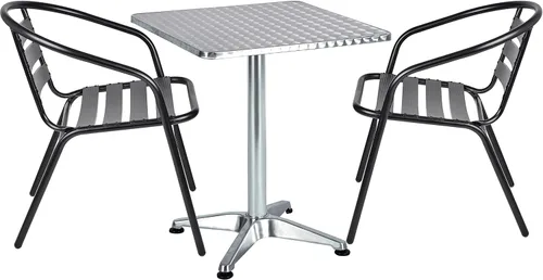 BTEXPERT Mesa cuadrada de restaurante para interiores y exteriores de 23.75 pulgadas, acero inoxidable, aluminio plateado + 2 sillas apilables de