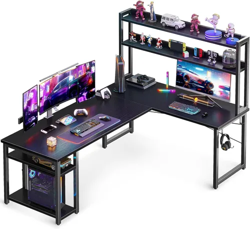 Miniatura 10 de ODK - Escritorio de juegos en forma de L de 53" con estante superior y gancho para auriculares, mesa de computadora de esquina con estanterías