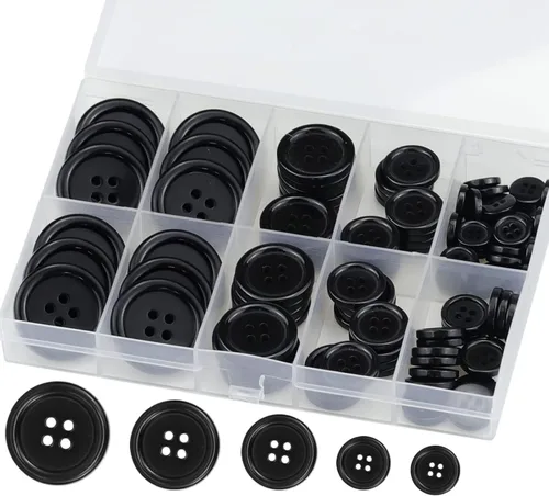 Miniatura 8 de Botones de Costura de Resina Premium de 100 Piezas, Botones de Manualidades Ecológicos de 4 Agujeros, 5 Tamaños de Botones Redondos Negros Mixtos