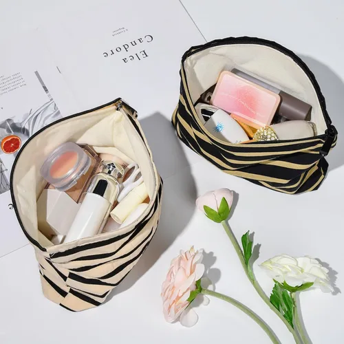 Miniatura 4 de SOIDRAM 2 Piezas Bolsa de Maquillaje Grande con Rayas, Bolsa de Cosméticos de Gran Capacidad, de Lona, Bolsa Organizadora de Artículos de Tocador