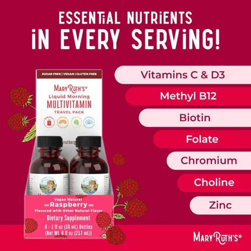 Miniatura 7 de MARYRUTH'S - Paquete de viaje multivitamínico líquido para la mañana Multivitamínico para hombres y mujeres Vitamina A C D E B6 B12 Biotina Zinc