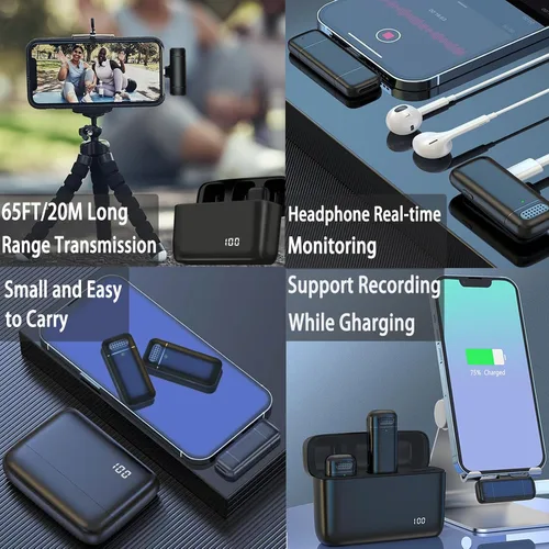 Miniatura 7 de 2 micrófonos de solapa inalámbricos 3 en 1 para iPhone, iPad, USB C, Android, portátil, con estuche de carga, clip en la solapa, mini micrófono