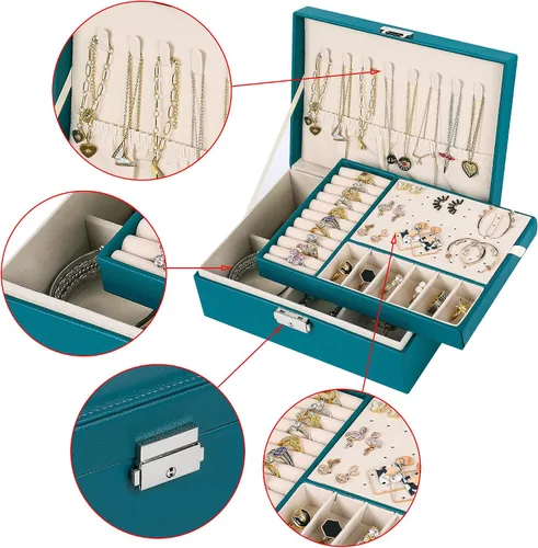 Miniatura 2 de Joyero para mujer cuero con candado organizador portátil de joyas de 2 capas y caja de almacenamiento collares pulseras anillos soporte para aretes