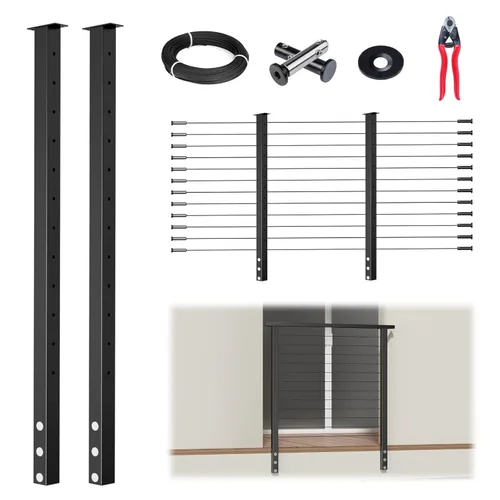 Muzata Kit de barandilla de cable modular negro de 5 a 10 pies de 42 pulgadas, kit de poste de 2 niveles de 42 pulgadas, sistema completo de