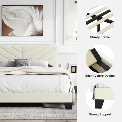 Miniatura 5 de IOILORI Base de cama de tamaño matrimonial con cabecera tapizada, listones de madera resistentes, silencioso, no requiere resortes, fácil de montar