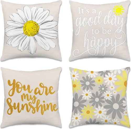 Hexagram Juego de 4 fundas de almohada de primavera y verano de 20 x 20 pulgadas, fundas decorativas de margaritas florales para exteriores, color