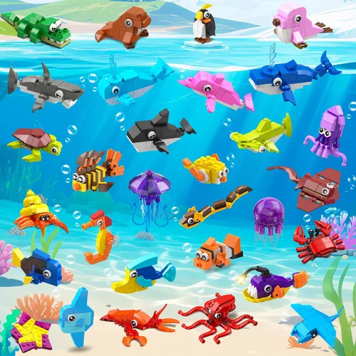 Miniatura 8 de Paquete de 30 recuerdos de fiesta de animales para niños, 824 piezas de juguetes de bloques de construcción de animales marinos para bolsas