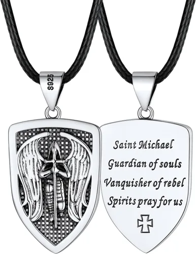 Miniatura 29 de FaithHeart Collar de San Miguel, acero inoxidable, chapado en oro de 18 quilates, amuleto colgante de San Miguel Arcángel para hombres y mujeres