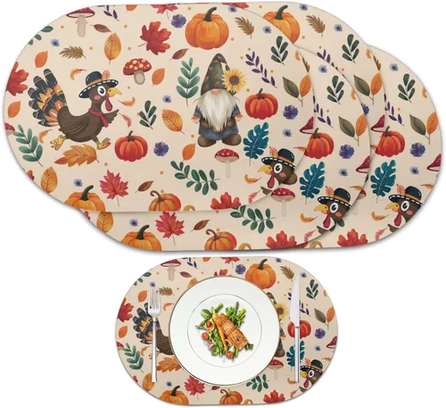 Miniatura 37 de Non Slip Placemats Set of 6 Pumpkin Mushroom Theme Waterproof Wipeable Faux Leather for Thanksgiving Family Feast Heat Resistant Dining Table Mats