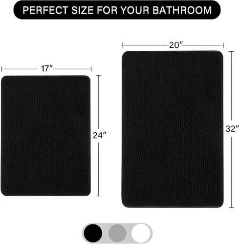 Miniatura 2 de LOCHAS Juego de 2 alfombras de baño de 17 x 24 pulgadas más 20 x 32 pulgadas de grosor, antideslizantes, alfombra de baño de felpilla suave y Negro