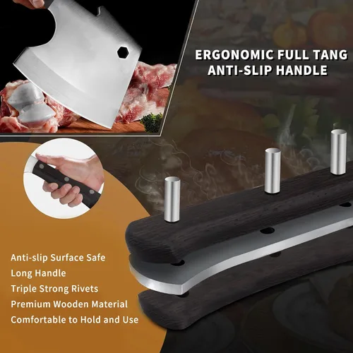 Miniatura 8 de Kitory Cuchilla de carne, cuchillo de corte de huesos resistente, hoja súper gruesa en forma de hachas de espiga completa, rompe huesos, cuchillo