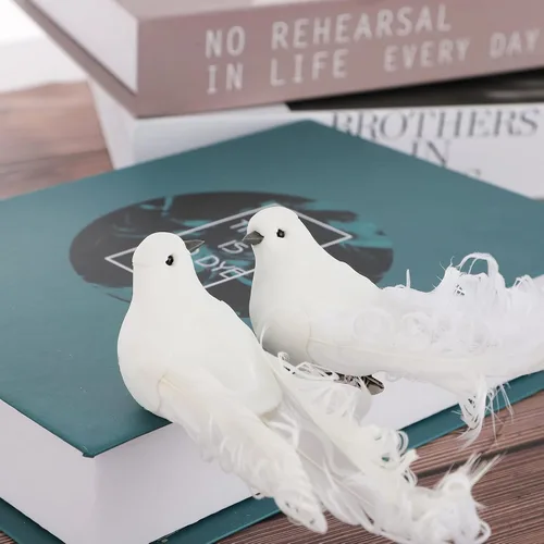 Miniatura 9 de Paquete de 12 palomas blancas artificiales, decoración de palomas blancas con clips de metal, plumas de simulación, mini pájaros blancos con clip