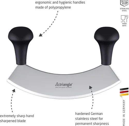 Miniatura 2 de triangle Cuchillo para picar - Hoja curvada de acero inoxidable de 7 pulgadas - Cuchillo Mezzaluna y cortador de pizza - Mango ergonómico de madera