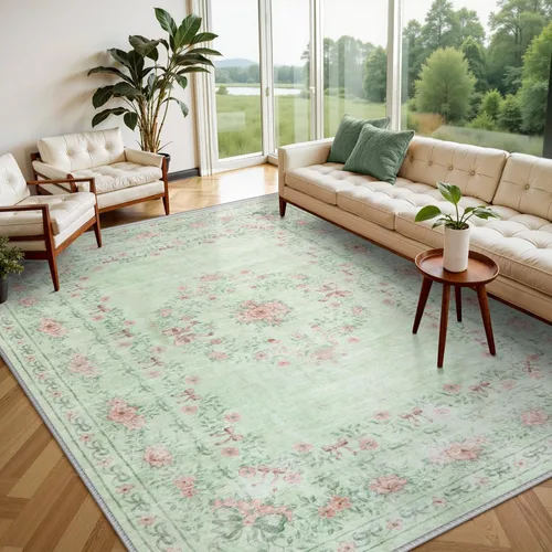 Miniatura 36 de Wonnitar Alfombras rosas para dormitorio, niñas, guardería, alfombra lavable con estampado floral de 5 x 7 pies, bohemio, ultrafina, antideslizante