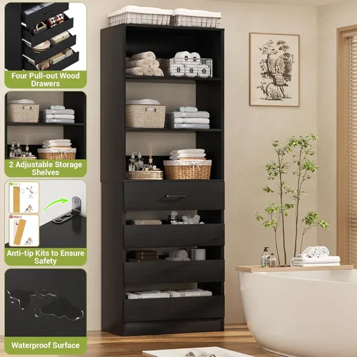Miniatura 6 de Aheaplus Sistema de armario de 54 cm con 4 cajones, organizador de armario de madera con estantes abiertos, sistema de cajones modular en torre