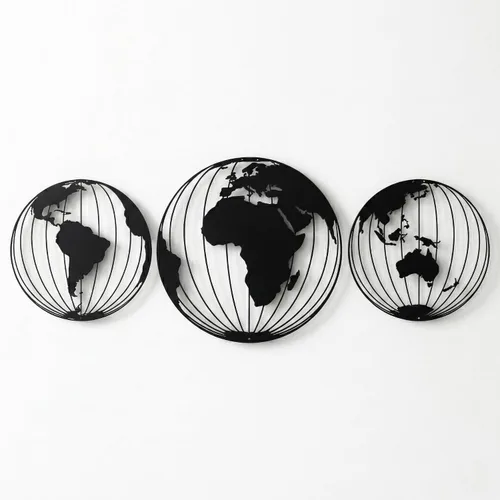 DEKADRON Tres globos de mapa del mundo de metal, arte redondo de metal para pared, decoración de oficina en casa, adornos de pared