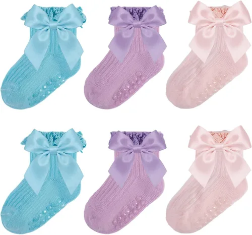 Calcetines para bebé niña con agarre antideslizante con volantes con lazos, algodón suave, calcetines con empuñaduras para bebé recién nacido