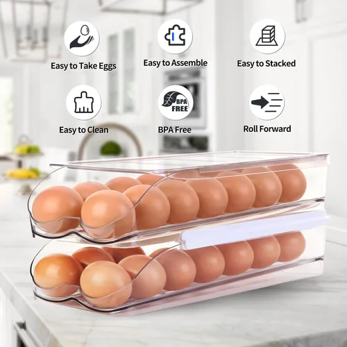 Miniatura 6 de RoskDeewat Soporte para Huevos para Refrigerador, Contenedor de Huevos con Rodamiento Automático para Refrigerador, Organizadores Apilables