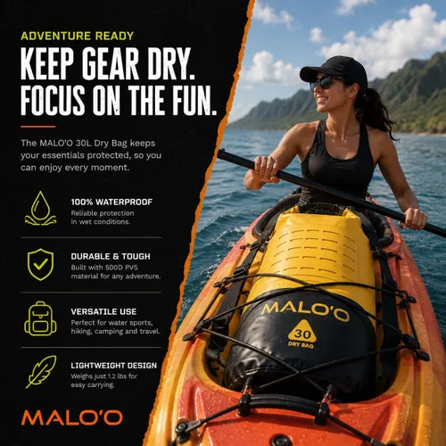 Miniatura 7 de Malo’o Mochila de Bolsillo de 30L de Alta Resistencia 100% Impermeable con Tapa Enrollable – Mantiene el Equipo Seco para Pesca, Rafting, Kayak