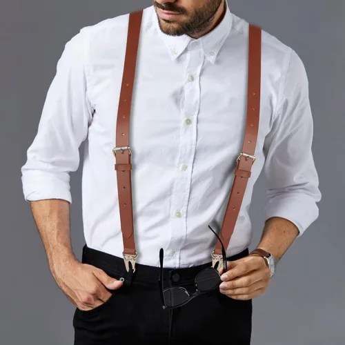 Miniatura 6 de Liguero de cuero genuino para hombre Tirantes de cuero con diseño en Y Regalos de padrinos de boda Liguero ajustable con ganchos Tirantes