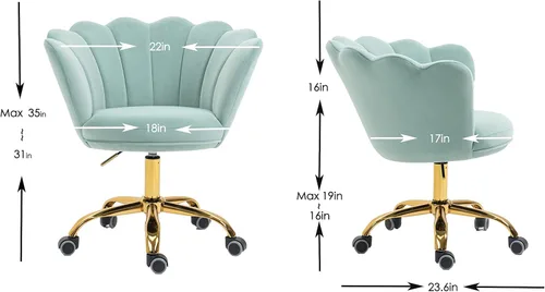 Miniatura 3 de Silla cómoda de oficina en casa con ruedas, linda silla de escritorio ajustable de terciopelo con respaldo de concha marina moderna giratoria