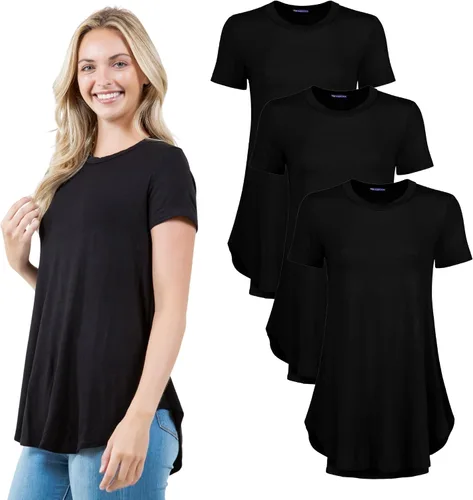 Azules Blusa larga de manga corta para mujer, con cuello redondo y dobladillo curvado, suave y elástica