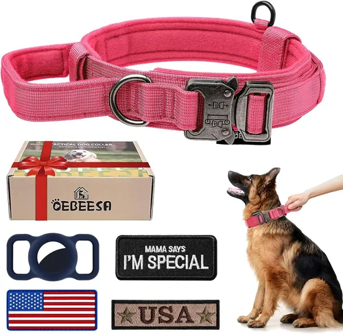 Miniatura 19 de Juego de collar y correa táctica para perro: collar de perro de nailon ajustable con asa que absorbe los golpes, correa retráctil fuerte para perros