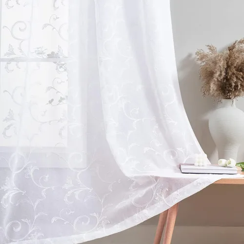 Miniatura 12 de Cortinas traslúcidas blancas bordadas florales de 63 pulgadas, cortinas de gasa con bolsillo para barra para sala de estar, dormitorio, paneles