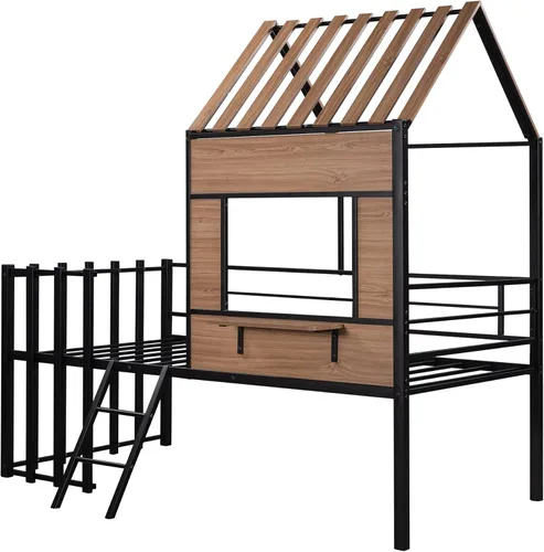 Miniatura 8 de Harper & Bright Designs Cama tipo loft con techo y escalera integrada, cama alta de metal tamaño individual con ventana y valla de seguridad