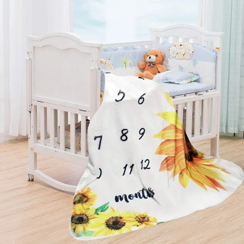 Miniatura 8 de Tebaby Manta mensual de hito para bebé niña, manta de girasol para recién nacido, regalo personalizado para ducha, decoración floral de guardería