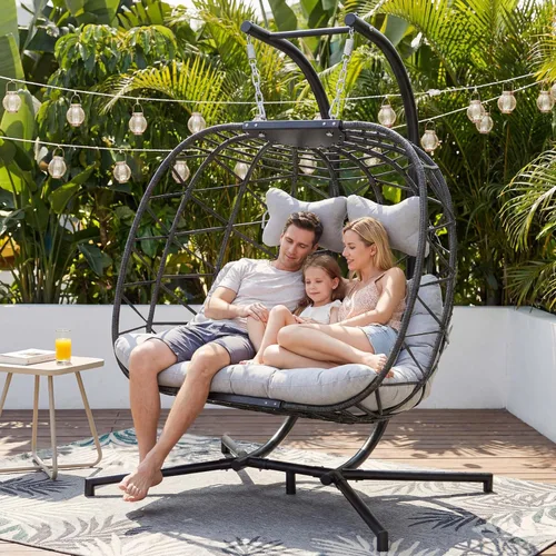 Miniatura 12 de NICESOUL Acogedora silla colgante con soporte para interiores y exteriores, silla columpio de mimbre para patio con cojín y patas doradas, 350