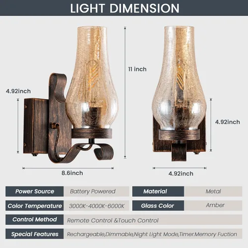 Miniatura 6 de Vintage Farmhouse Wall Sconces, Battery Operated Wall Lamps, Rechargeable Wall Lights, Ice Crackle Glass Rustic Non-Hardwired Antique Kerosene Wall
