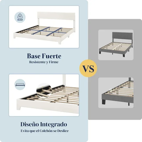 Miniatura 6 de Allewie Estructura de Cama Tamaño King con Cabecera Ajustable, Cama Plataforma de Cuero Sintético con Listones de Madera, Base de Colchón de Blanco