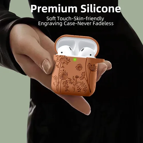 Miniatura 4 de Lerobo - Funda grabada con flores para el estuche de AirPods, protector suave de silicona con llavero, compatible con el estuche de carga de Apple