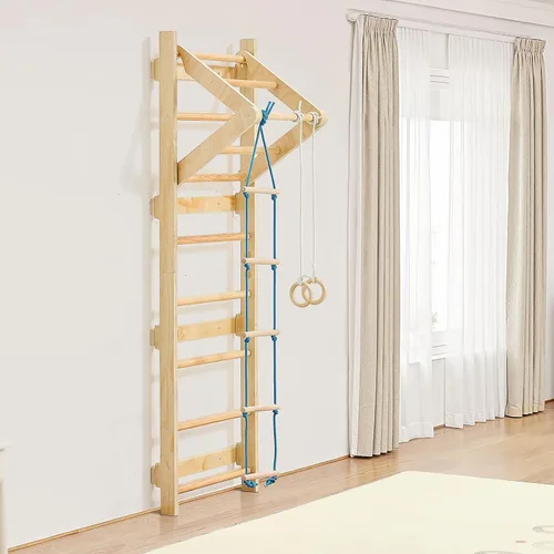 Miniatura 8 de VEVOR Escalera Sueca de Pared, Gimnasio 4 en 1 de 8 Niveles para Interiores, Barras de Gimnasia de Madera Sólida con Capacidad de Carga de 220LBS