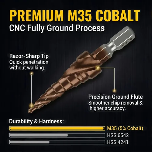 Miniatura 2 de Broca escalonada de cobalto M35 de 0.118-0.472 in (9 escalones), 5% HSS Co de alta velocidad de acero de alta velocidad con vástago hexagonal de 1/4