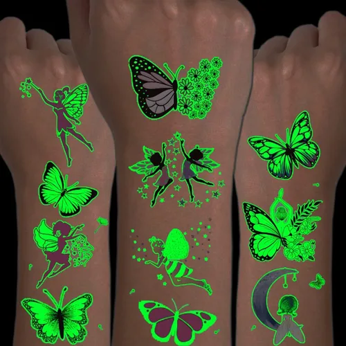 CHARLENT Tatuajes de mariposa luminosos para niños, 14 hojas que brillan en la oscuridad, tatuajes temporales de hadas de mariposa para niñas,