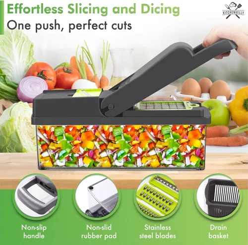 Miniatura 2 de Picador de verduras 16 en 1 con contenedor, picador de verduras y picador de alimentos, cortador de cebolla y verduras con 8 cuchillas de acero Verde