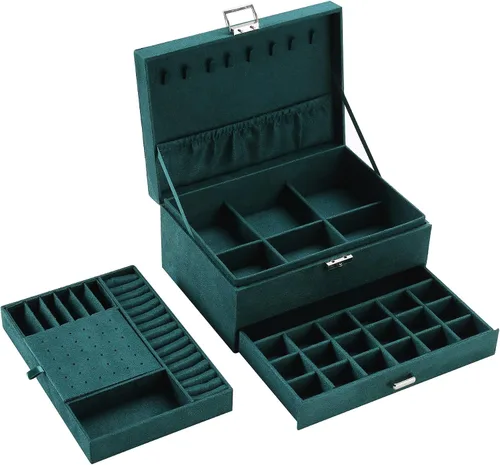 Miniatura 3 de ZUZOOQ ZUZ002A - Caja organizadora de joyas de terciopelo de 3 capas con cerradura para anillos collares aretes verde 94 x 67 x 43in