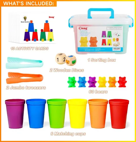 Miniatura 6 de Bmag Contando osos con tazas de clasificación a juego, juegos de aprendizaje de matemáticas preescolar con 2 dados, juguete educativo STEM