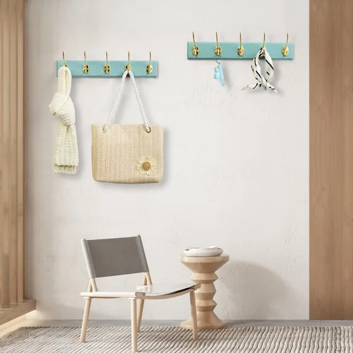 Miniatura 6 de Perchero de bambú para montaje en pared, 17 pulgadas, 5 ganchos dobles, azul y dorado Natural