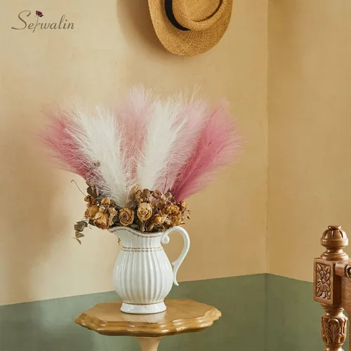 Miniatura 6 de Serwalin 12 piezas de hierba de Pampas rosa, decoración de hierba de Pampas falsa rosa de 17.7 pulgadas, hierba de Pampas artificial corta rosa Un