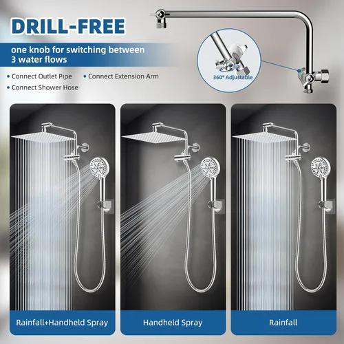 Miniatura 5 de Cabezal de ducha de metal de 12 pulgadas, cabezal de ducha de alta presión, cabezal de ducha de mano con brazo de extensión de ducha ajustable de 11