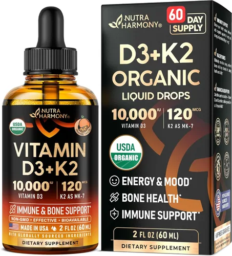 Gotas Orgánicas USDA de Vitamina D3 K2 – Vitamina D3 10000 UI y K2 como MK-7 120mcg – Apoyo inmunológico y del estado de ánimo, salud de huesos y