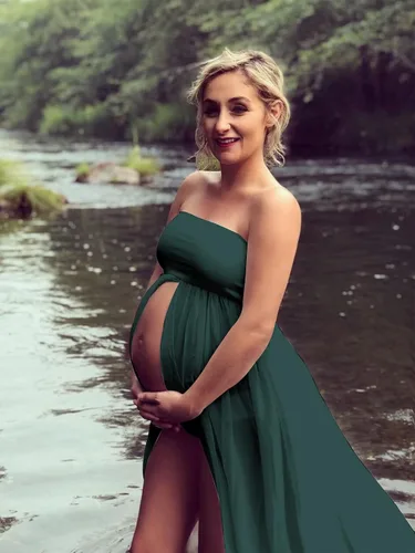 Miniatura 5 de YnimioAOX Vestido de maternidad de tubo sin tirantes con hombros descubiertos para mujer, para fotografía, vestido de gasa frontal dividido