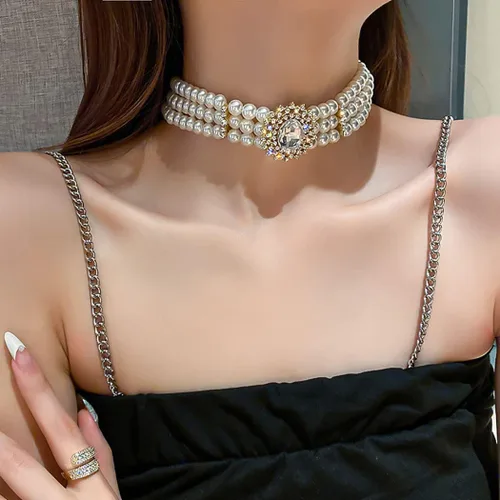 Miniatura 2 de ELABEST Collar de perlas para mujer, collar de diamantes de imitación, gargantilla de perlas de moda, cadena de tenis de moda, joyería de dama